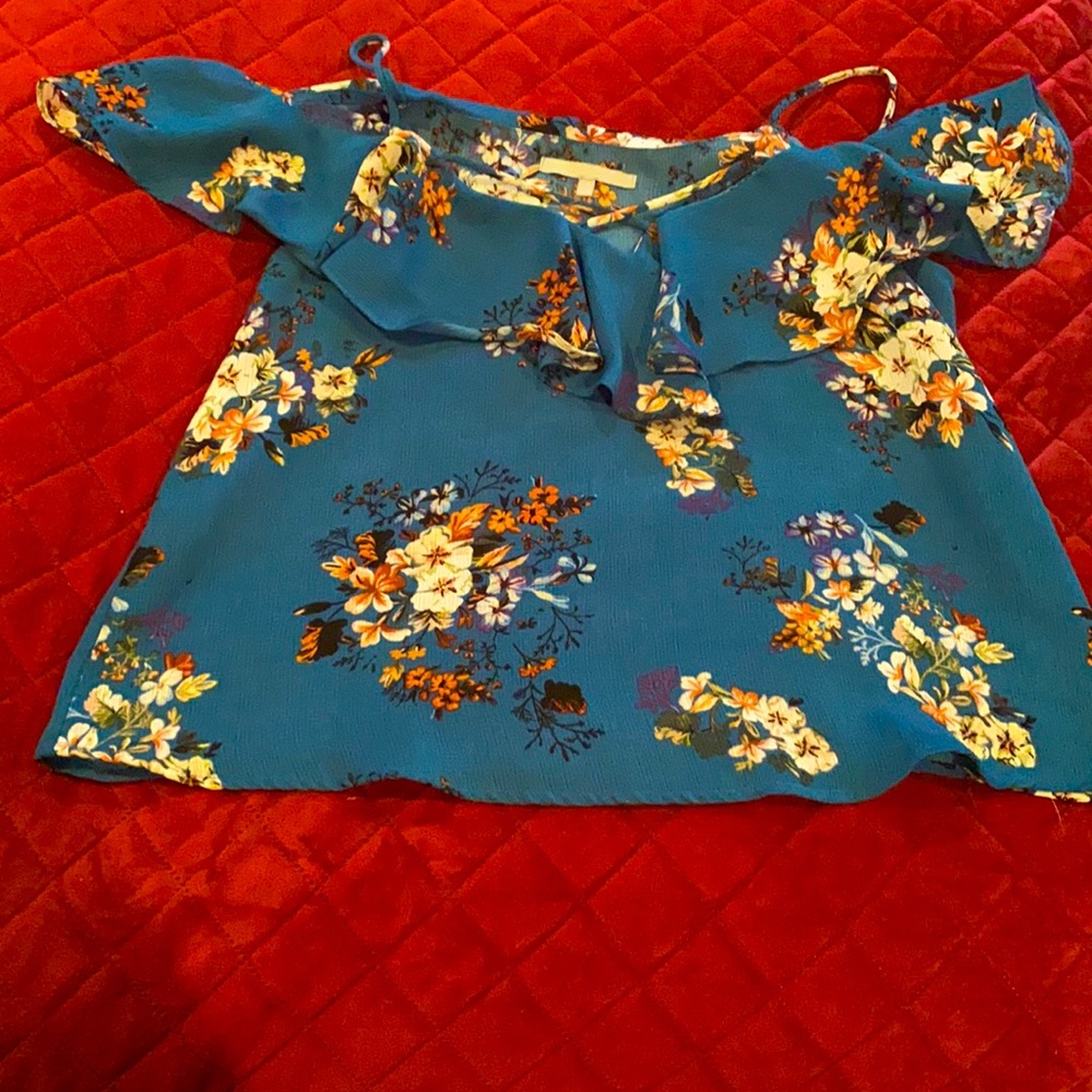 Blue blouse with flowers on it. Size Large, brand sweet rain